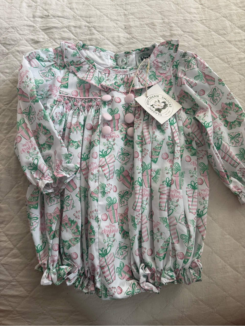 Southern Smocks Pink & Green Gift-Print Baby One-Piece Pajama